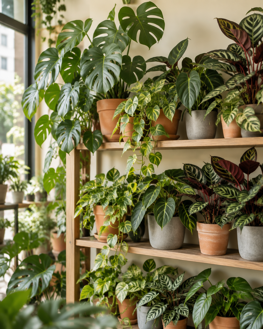 Shelf of thriving houseplants grown with Sprout Lab mixes
