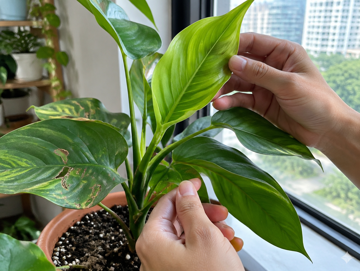 Plant recovery: AI-generated scene of a person inspecting healthy new houseplant growth after pest treatment