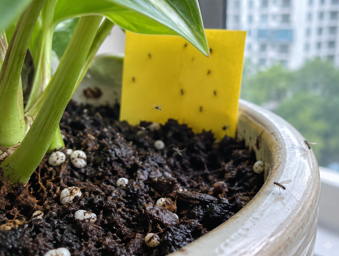 Fungus gnats hovering near damp potting soil, a common sign overwatering needs pest control attention