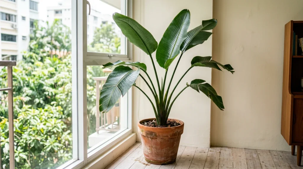 Bird of paradise care: a tall bird of paradise plant with broad leaves beside a bright balcony.