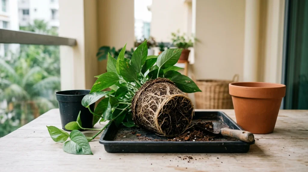 How to repot plants: a pothos root ball on a tray beside nursery and replacement pots, ready for repotting.