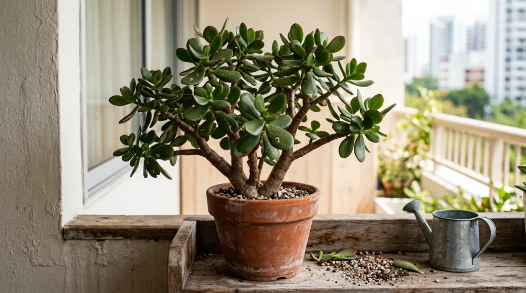 A branching jade plant with paired fleshy oval leaves in a terracotta pot, an example of healthy jade plant care.