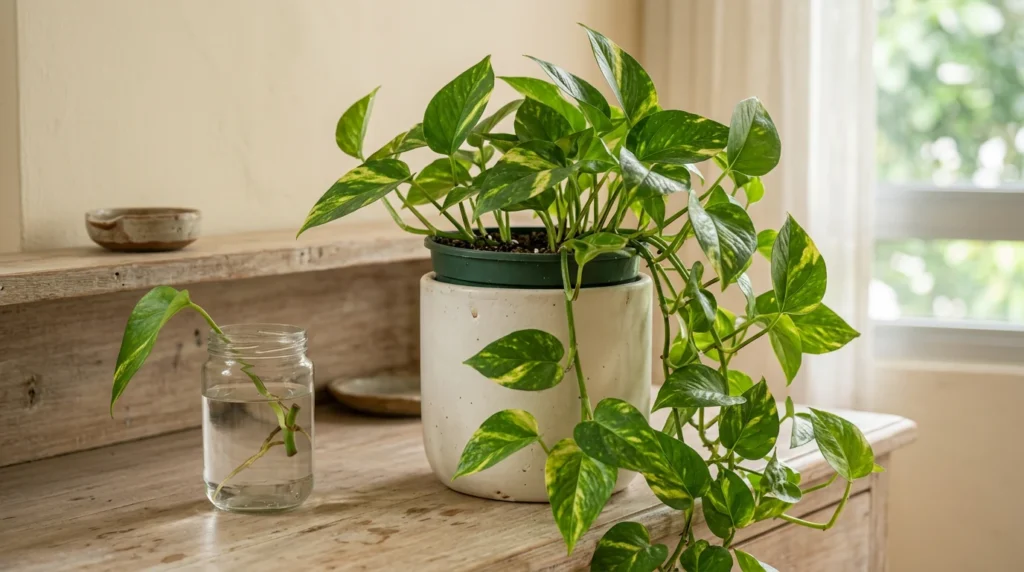 Golden pothos with trailing heart-shaped leaves and a node cutting in water, a typical money plant care subject.