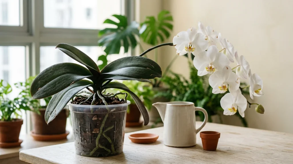 Orchid care: a white Phalaenopsis orchid in an airy pot with visible roots.