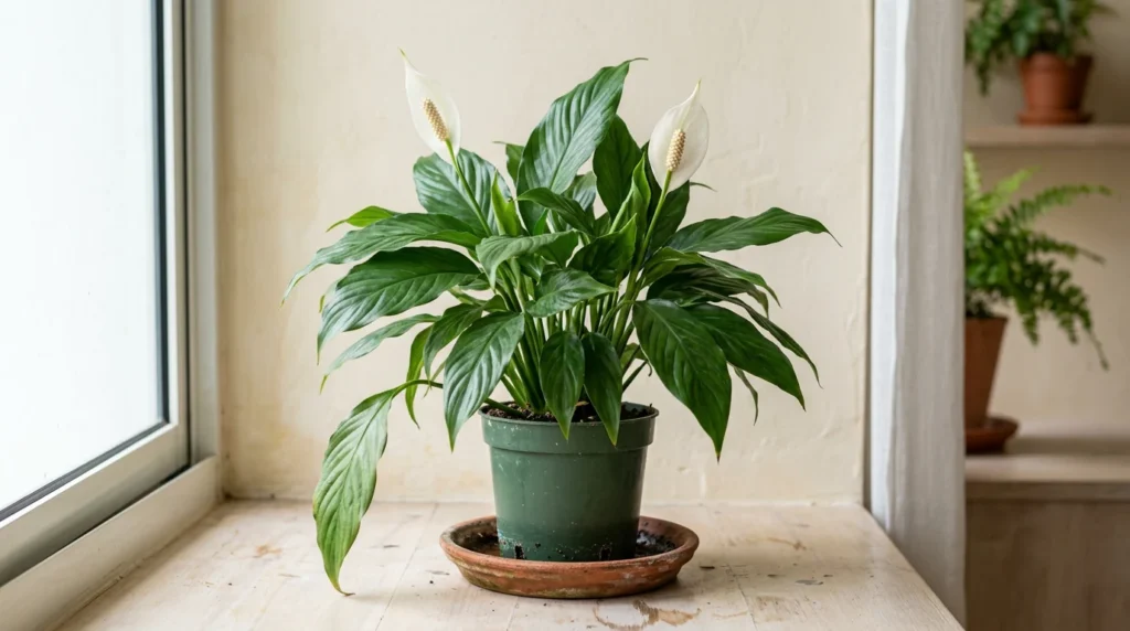 Peace lily care: a peace lily with white spathes and gently drooping green leaves.