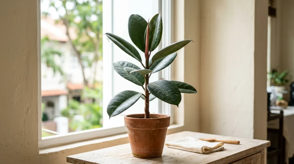 Rubber plant care: a rubber plant with glossy oval leaves and a reddish new-leaf sheath.
