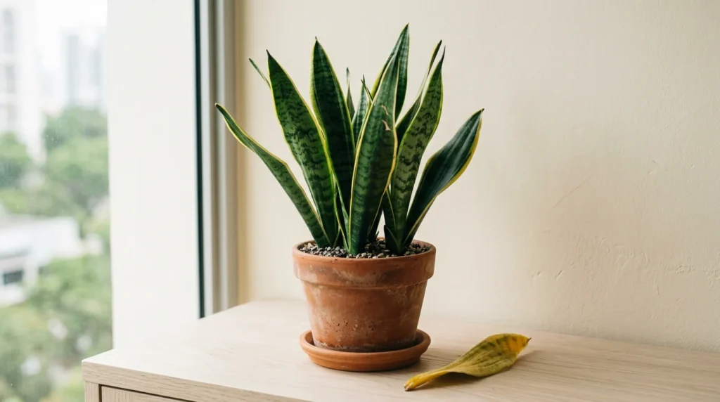 Snake plant care: a striped snake plant in a terracotta pot beside a fallen yellow leaf.