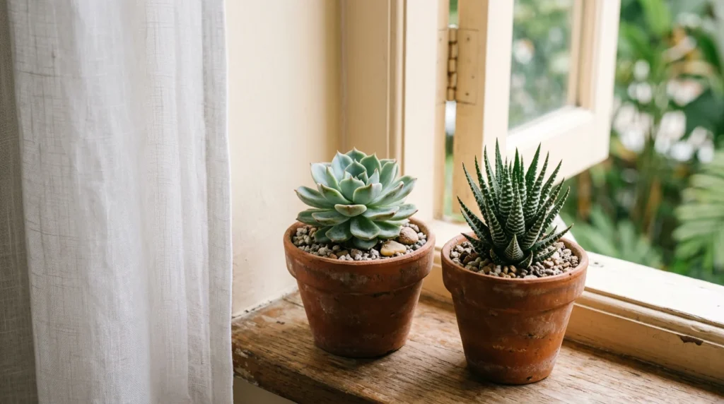 Succulent care: an Echeveria rosette and Haworthia in separate gritty terracotta pots.