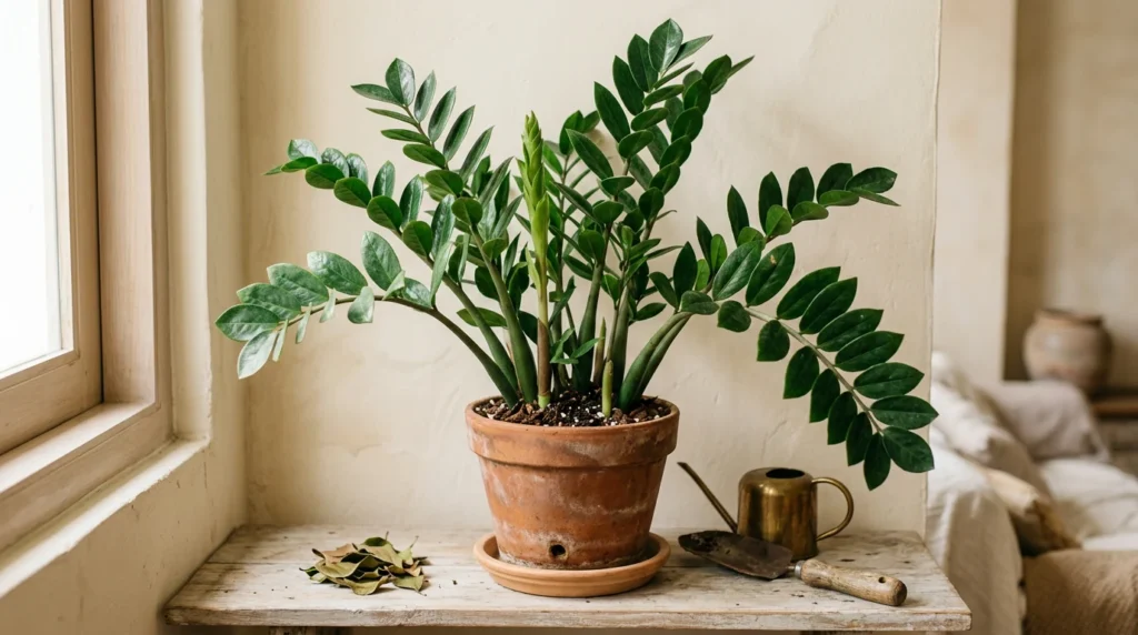 A ZZ plant with upright stems and glossy oval leaflets beside a bright apartment window, an example of healthy zz plant care.