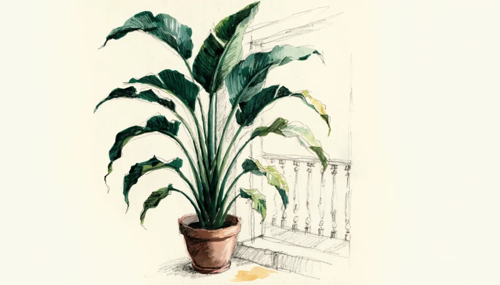 Bird of paradise care: botanical illustration of a tall bird of paradise plant with broad leaves beside a bright balcony