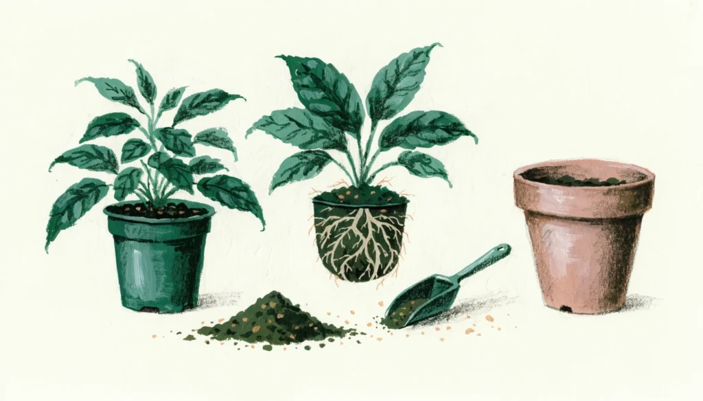 How to repot plants: illustrated repotting sequence showing a nursery pot, loosened root ball and replacement terracotta pot