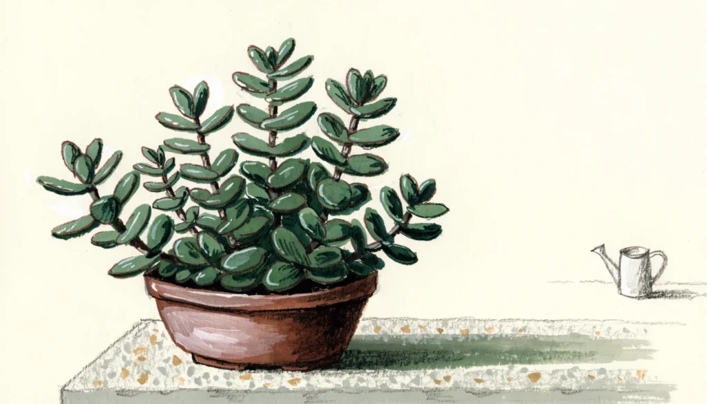 Illustration of a jade plant in a terracotta pot, drawn to show the paired fleshy leaves this jade plant care guide describes.