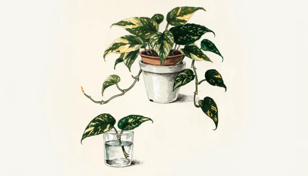 Botanical illustration of golden pothos with trailing heart-shaped leaves and a node cutting in water, a visual aid for money plant care.
