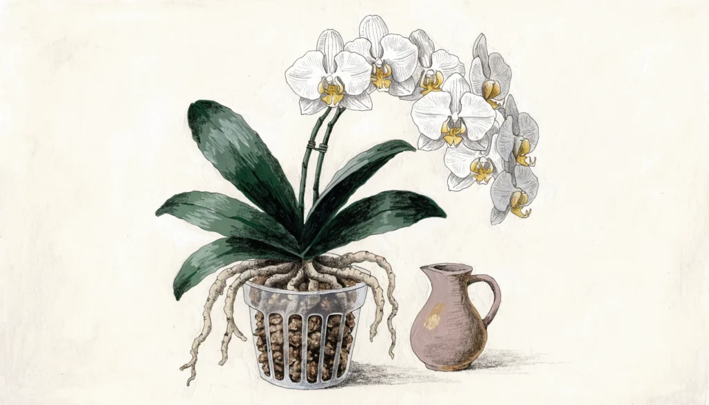 Orchid care: botanical illustration of a white Phalaenopsis orchid in an airy pot with visible roots