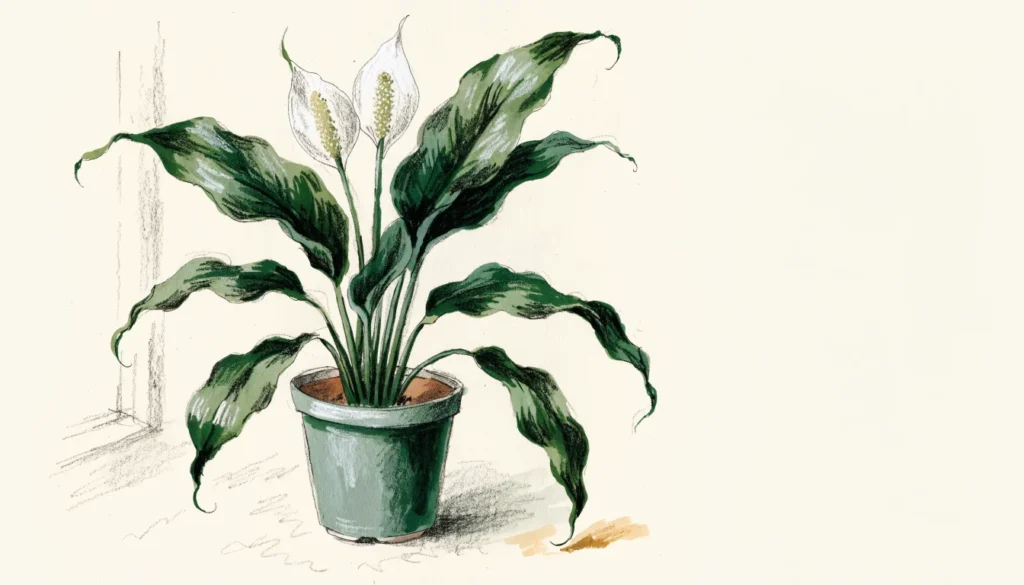 Peace lily care: botanical illustration of a peace lily with white spathes and gently drooping green leaves