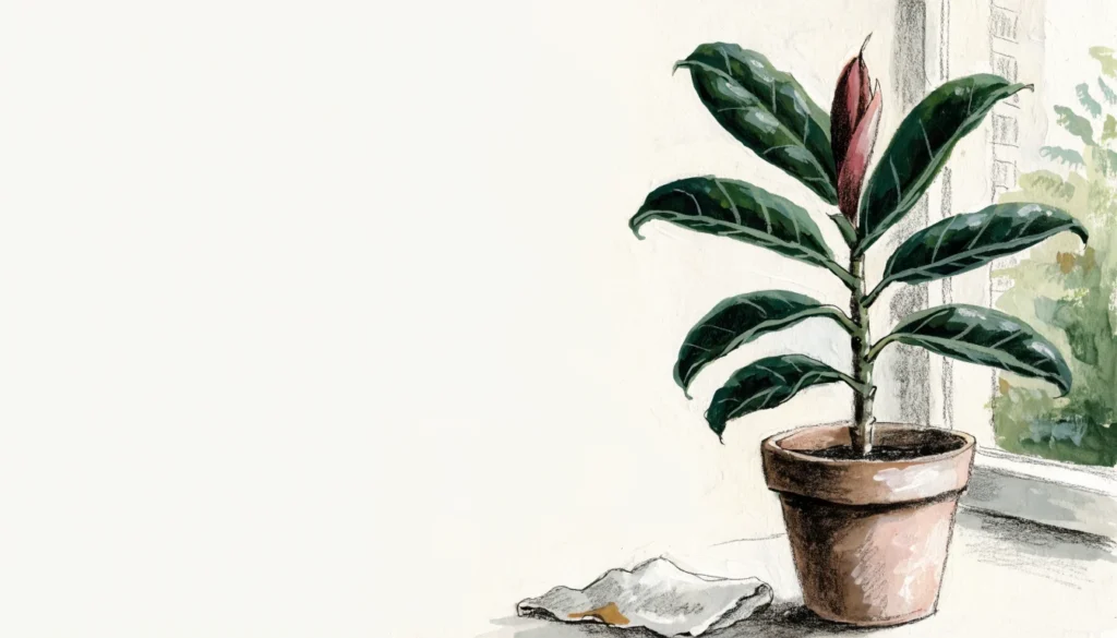 Rubber plant care: botanical illustration of a rubber plant with glossy oval leaves and a reddish new-leaf sheath
