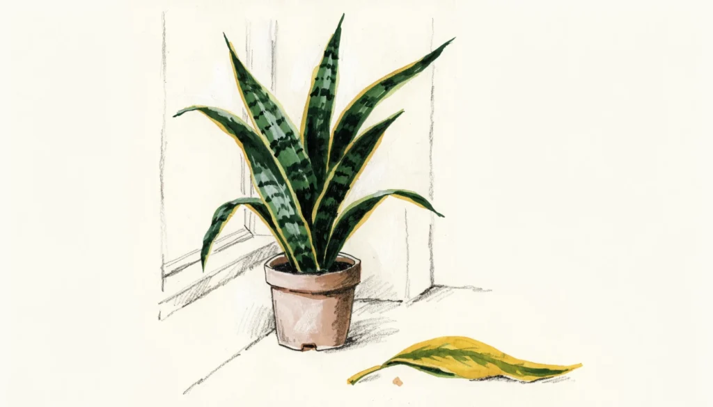 Snake plant care: botanical illustration of a striped snake plant in a terracotta pot beside a fallen yellow leaf