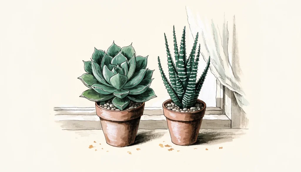 Succulent care: botanical illustration of an Echeveria rosette and Haworthia in separate gritty terracotta pots
