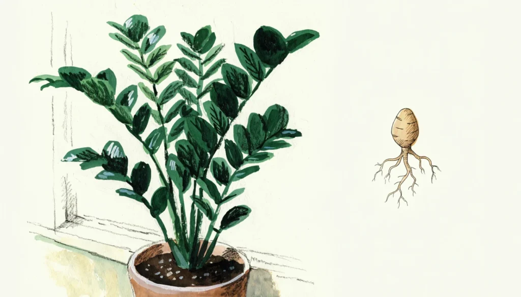 Botanical illustration of a ZZ plant and a separate view of its water-storing rhizome, a visual aid for zz plant care.