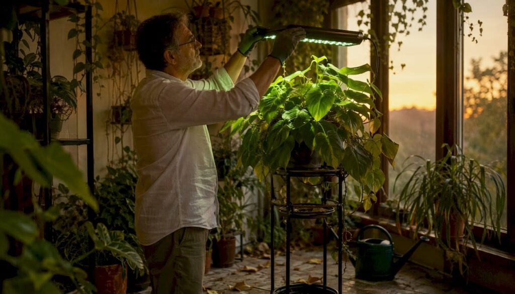 Plants not thriving under grow lights: a person adjusting a grow light above a leafy indoor plant