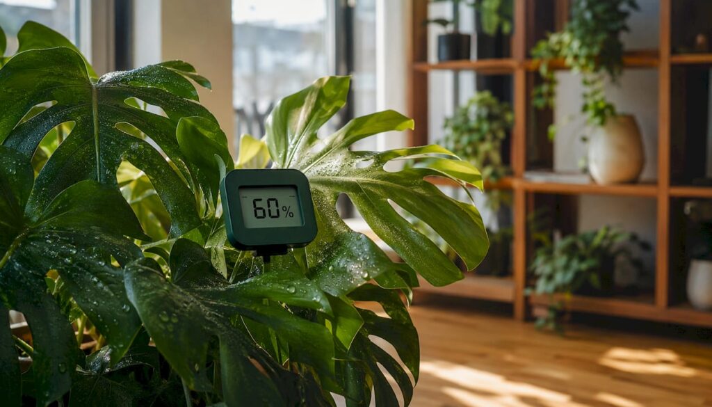 Digital hygrometer among Monstera leaves indoors