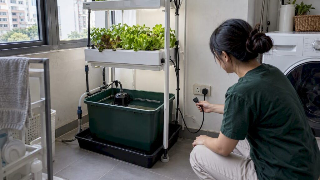 Grower plugging a hydroponic pump into a GFCI outlet with a drip tray underneath, part of basic hydroponic safety