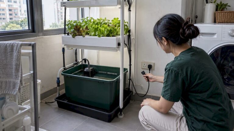 Grower plugging a hydroponic pump into a GFCI outlet with a drip tray underneath, part of basic hydroponic safety