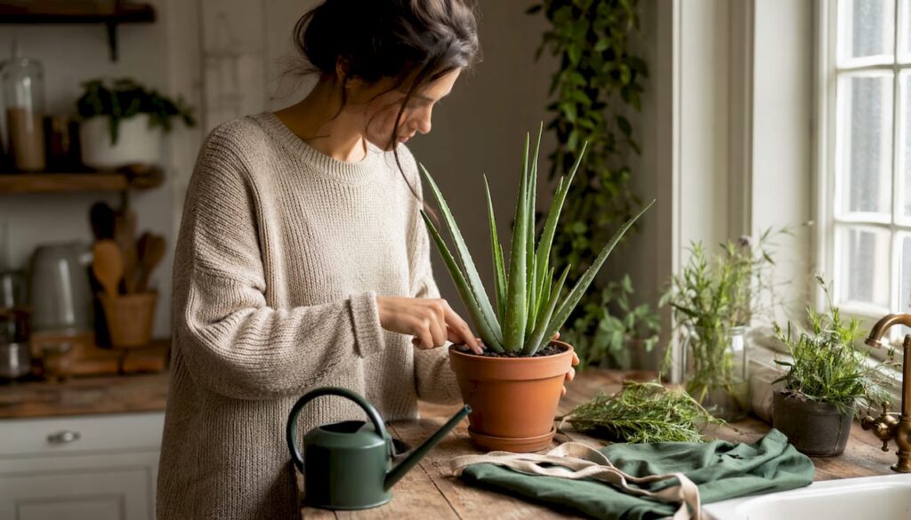 Plant care routine: hands testing soil moisture for an indoor plant