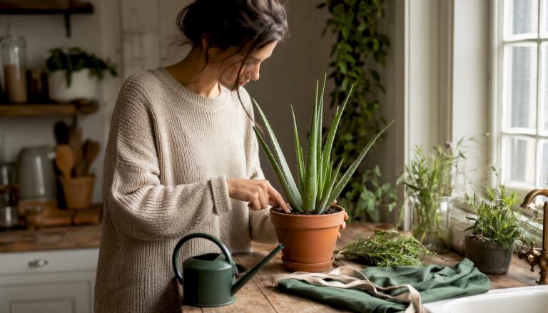 Plant care routine: hands testing soil moisture for an indoor plant
