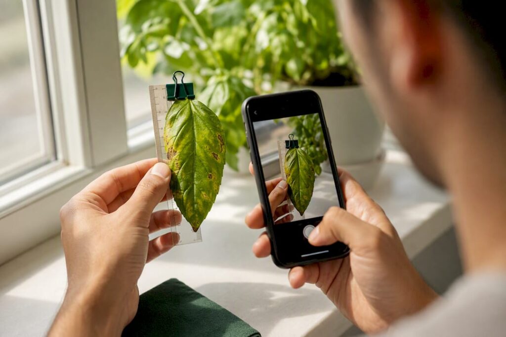 Grower documenting affected leaf beside ruler