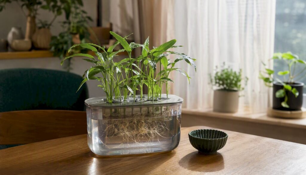 Close-up of Kratky hydroponic system with tropical greens