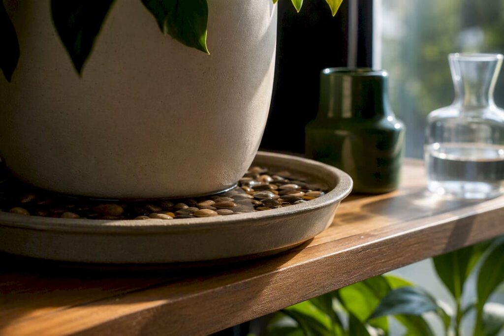 Shallow pebble-filled humidity tray under a potted plant on a sunlit windowsill shelf.