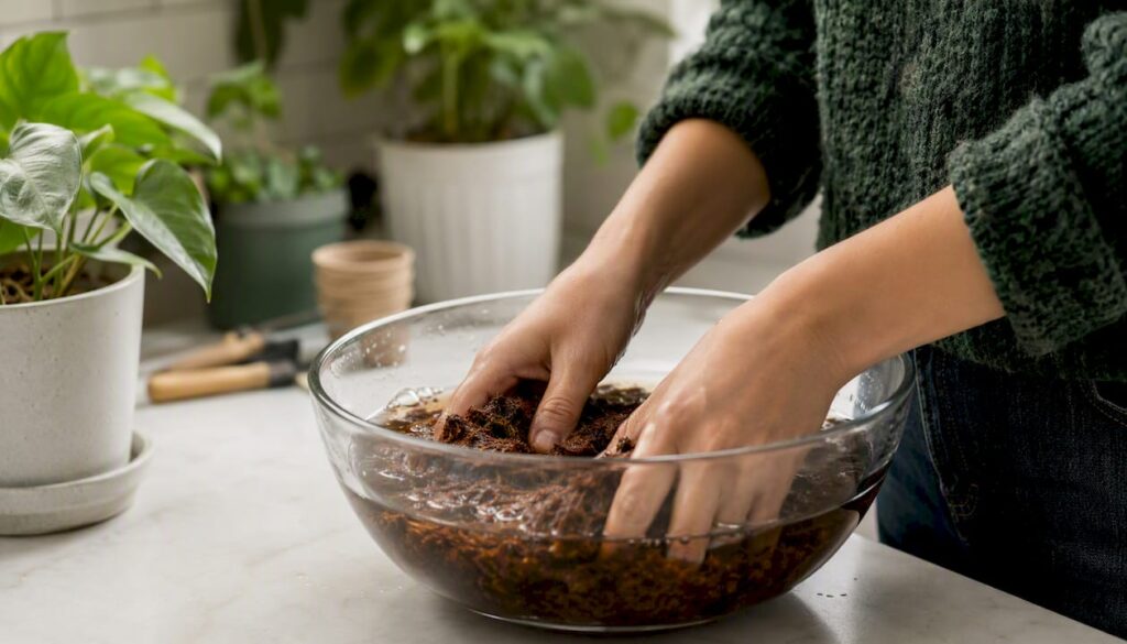 Hands soaking coconut coir brick in bowl