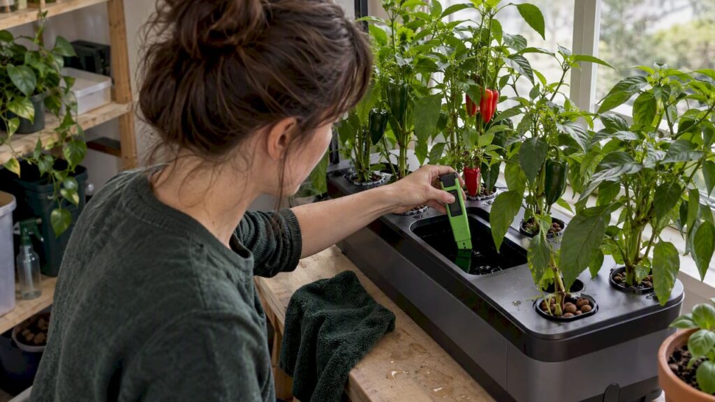 Grower testing pH in a hydroponic pepper reservoir with ripening red and green peppers