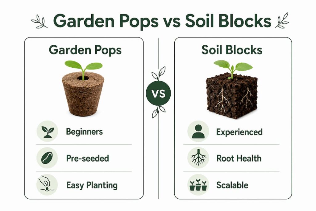 Infographic comparing garden pops and soil blocks