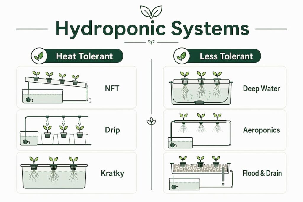 Infographic comparing hydroponic systems heat tolerance