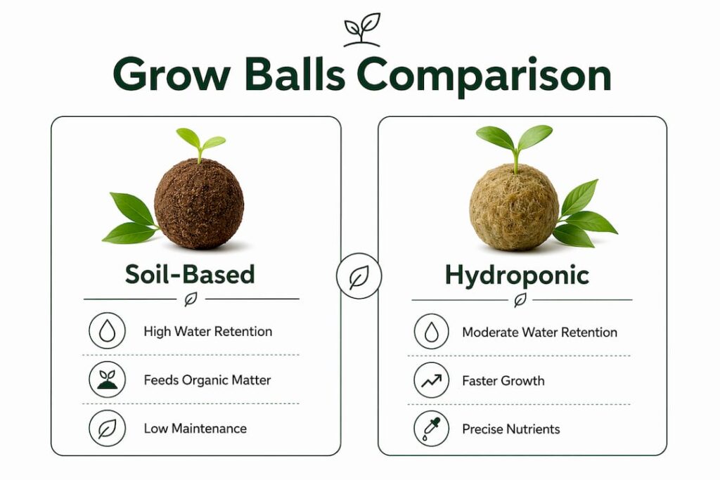 Infographic comparing soil-based and hydroponic grow balls