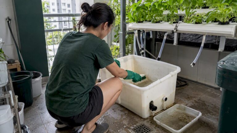 Grower in gloves scrubbing a hydroponic reservoir with a brush as part of a food safety cleaning routine