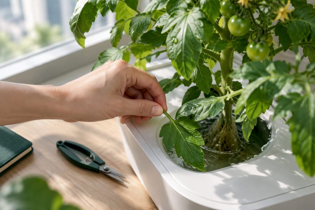 Pruning houseplants: a hand pruning a lower leaf from a plant