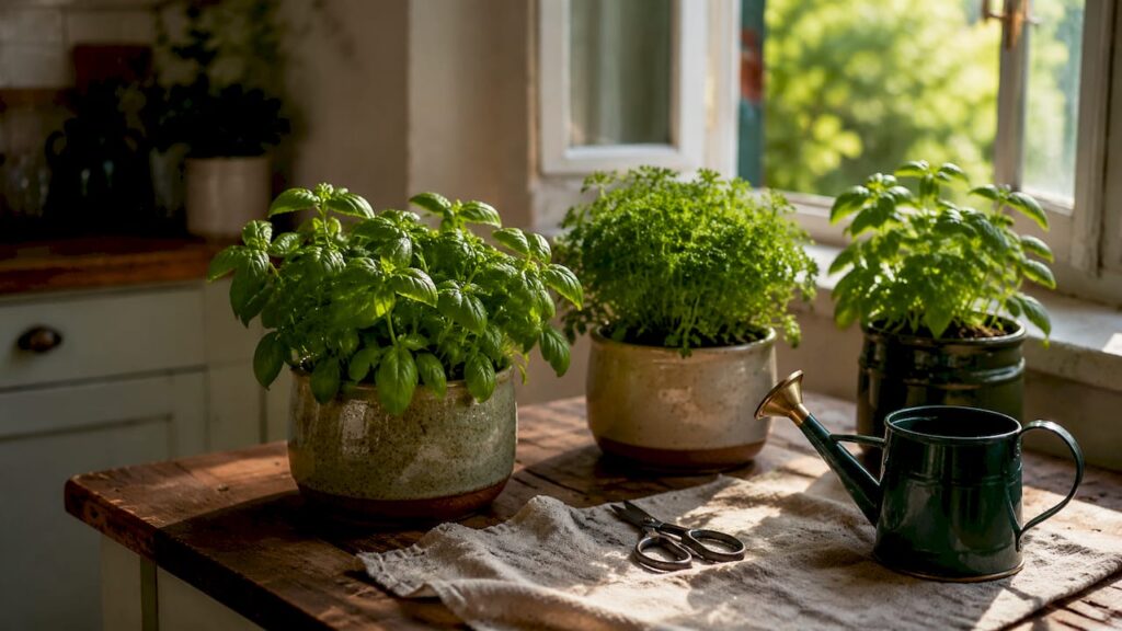 Herbs wilting: illustrative image of basil and other herbs in pots on a kitchen counter beside a watering can