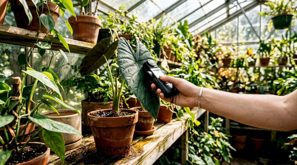 Hand measuring light on aroid leaf