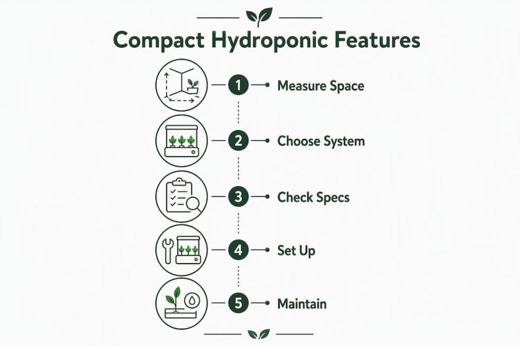 Infographic showing key steps for compact hydroponic systems