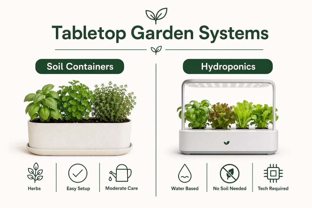 Infographic comparing soil containers and hydroponic systems
