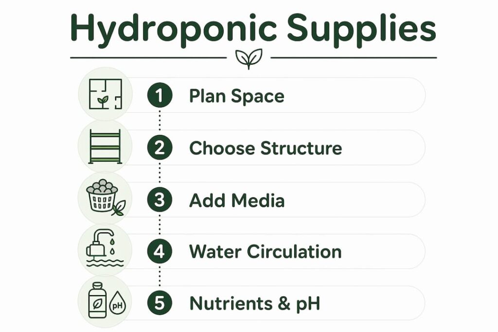 Infographic showing key categories of hydroponic supplies