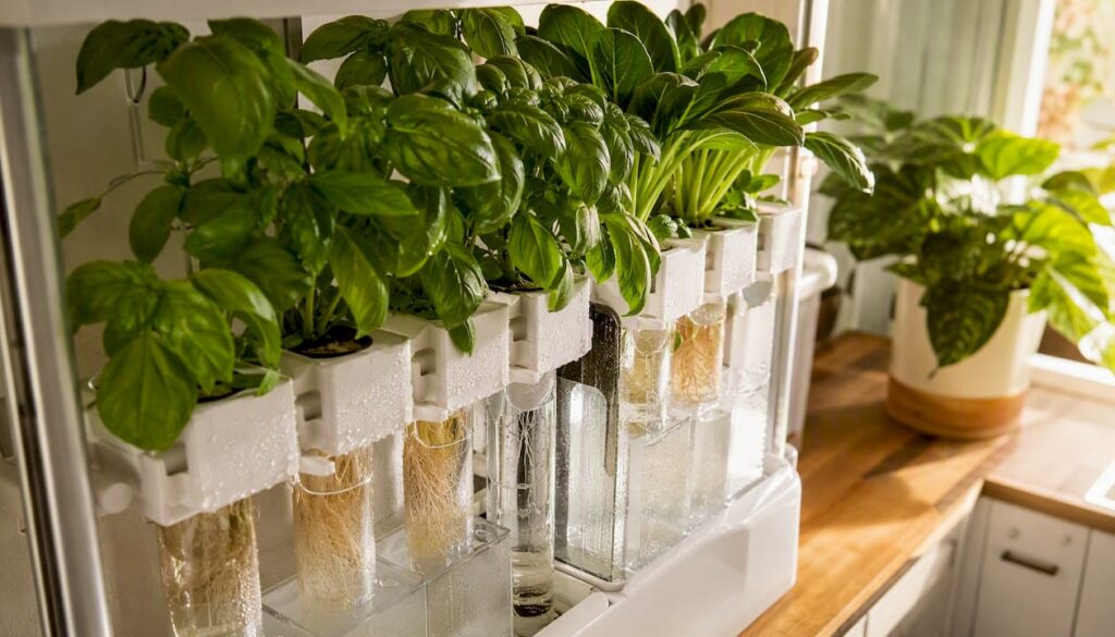 Close-up drip hydroponic system in humid living room