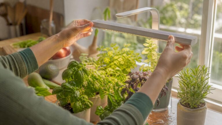 LED grow lights: hands adjusting an LED grow light over herbs