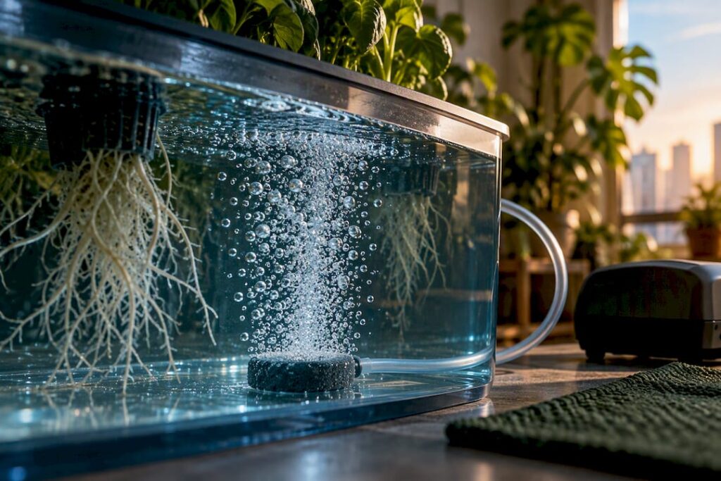 Air stone bubbling in a clear hydroponic reservoir, connected to a hydroponic air pump sized for the tank.