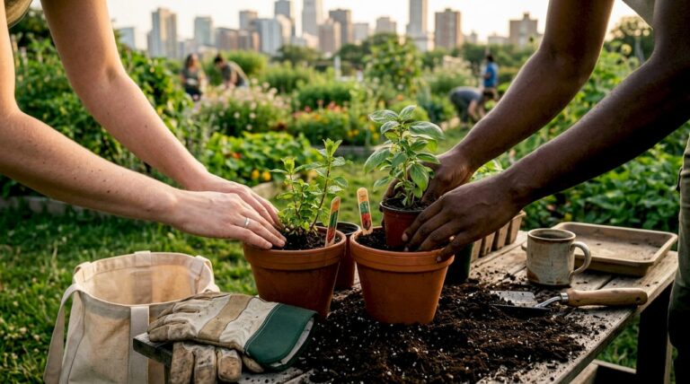 Growing herbs: a person misting herbs grown in jars and pots on a balcony