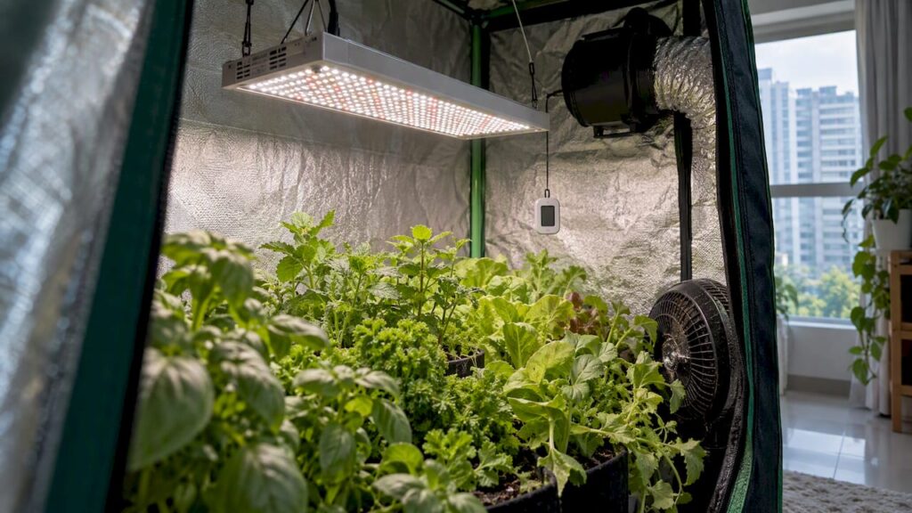 LED grow light above ventilated herb canopy