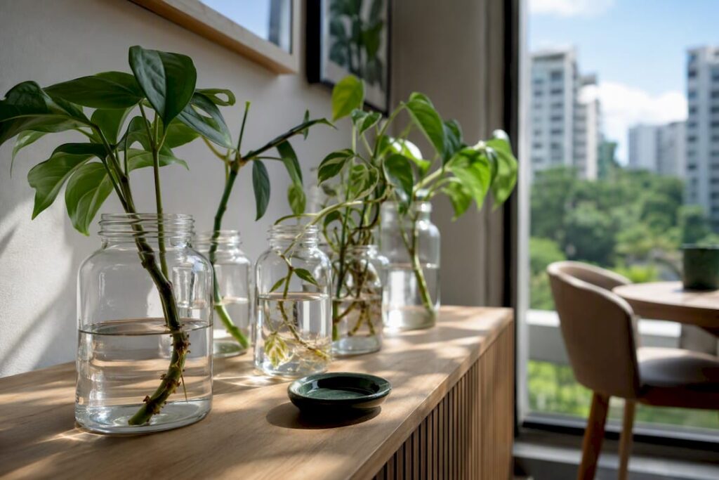 Several plant cuttings rooting in clear glass jars of water during water propagation on a windowsill